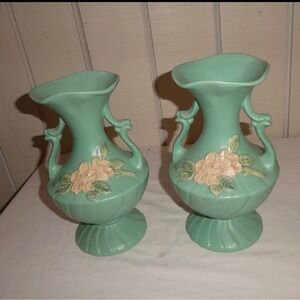 VTG Weller Pottery Wild Rose Green Matte Twin-Handled Vase –$62 Ea - 2 Avail